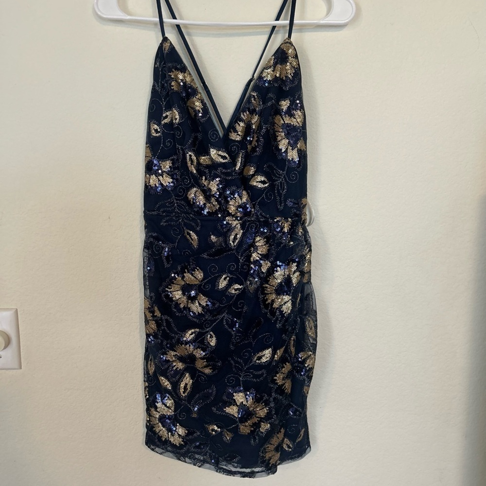 Lulus Small My Best Look Navy and Gold Sequin Surplice Bodycon
Mini Dress - Picture 3 of 12